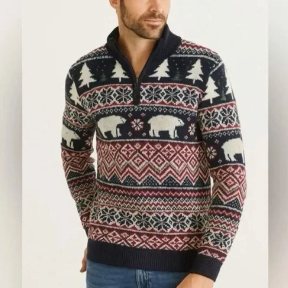 Aspen S Fair Isle Quarter Zip Mock Neck Winter Sweater Christmas Holiday Cotton